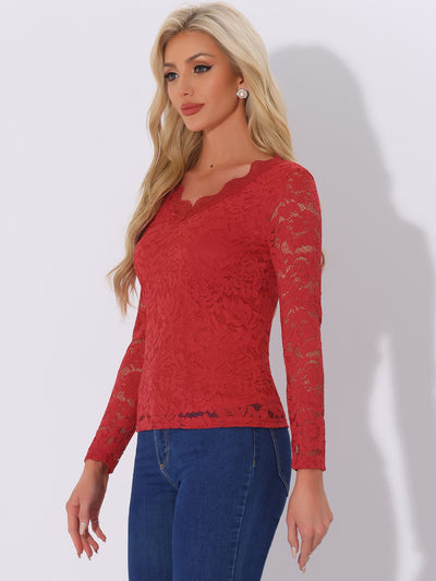 Floral Embroidery Sheer Long Sleeve Lace Blouse Top