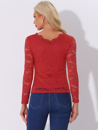 Floral Embroidery Sheer Long Sleeve Lace Blouse Top