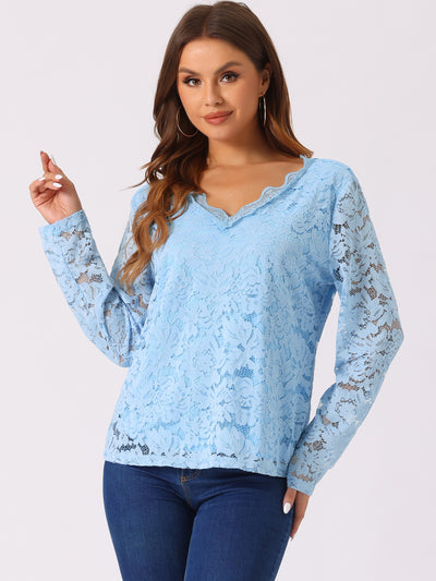 Floral Embroidery Sheer Long Sleeve Lace Blouse Top