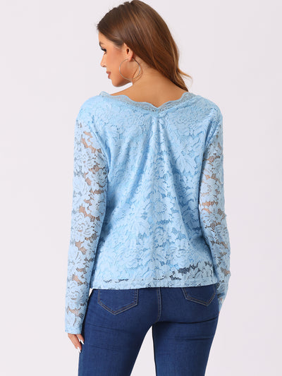 Floral Embroidery Sheer Long Sleeve Lace Blouse Top