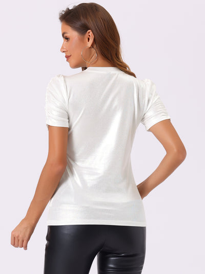 Glitter T-Shirt Round Neck Puff Sleeve Stretch Shiny Party Top