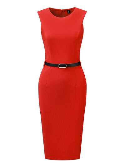 Belted Sheath Round Neck Sleeveless Casual Office Dress