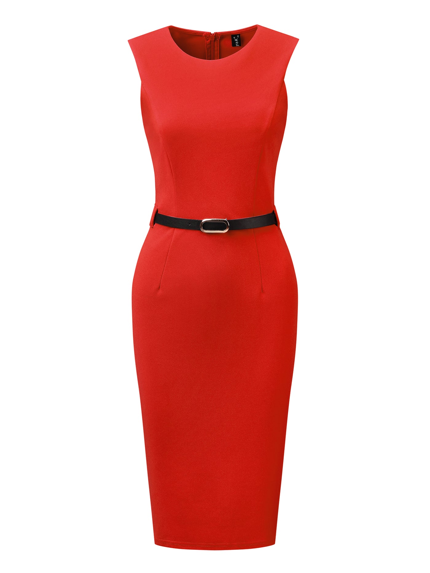 Allegra K Belted Sheath Round Neck Sleeveless Casual Office Dress