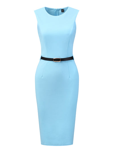 Belted Sheath Round Neck Sleeveless Casual Office Dress