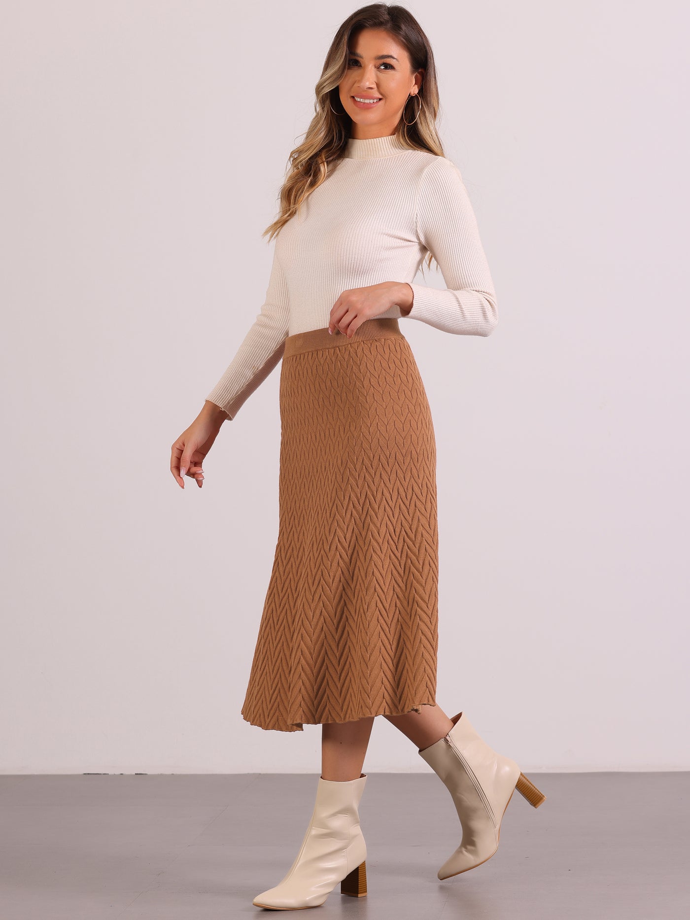 Allegra K Stretchy Textured Knit Midi Fishtail Sweater Skirt