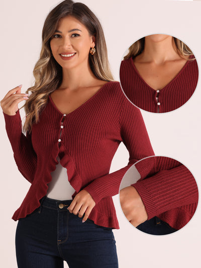 Long Sleeve Buttons Stretchy Ruffle V Neck Knit Tops