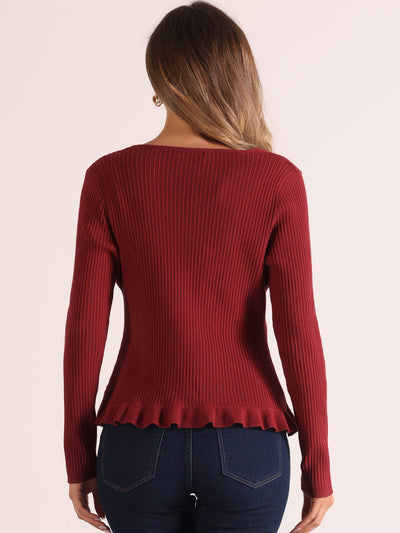 Long Sleeve Buttons Stretchy Ruffle V Neck Knit Tops