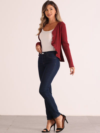 Long Sleeve Buttons Stretchy Ruffle V Neck Knit Tops