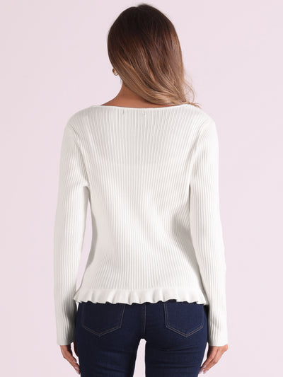 Long Sleeve Buttons Stretchy Ruffle V Neck Knit Tops