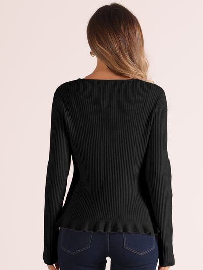 Long Sleeve Buttons Stretchy Ruffle V Neck Knit Tops