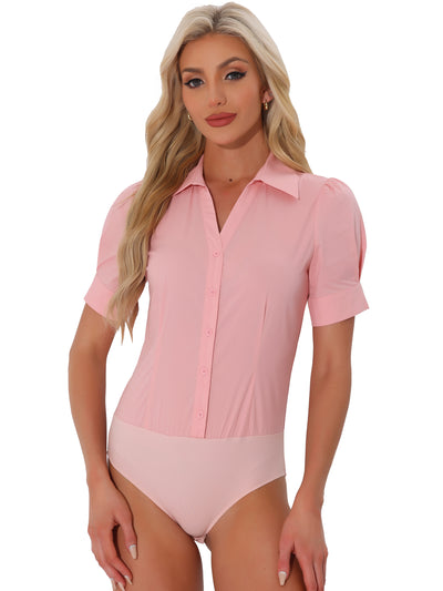 Button Down Leotard Shirt Short Sleeve Collared Business Work Bodysuit