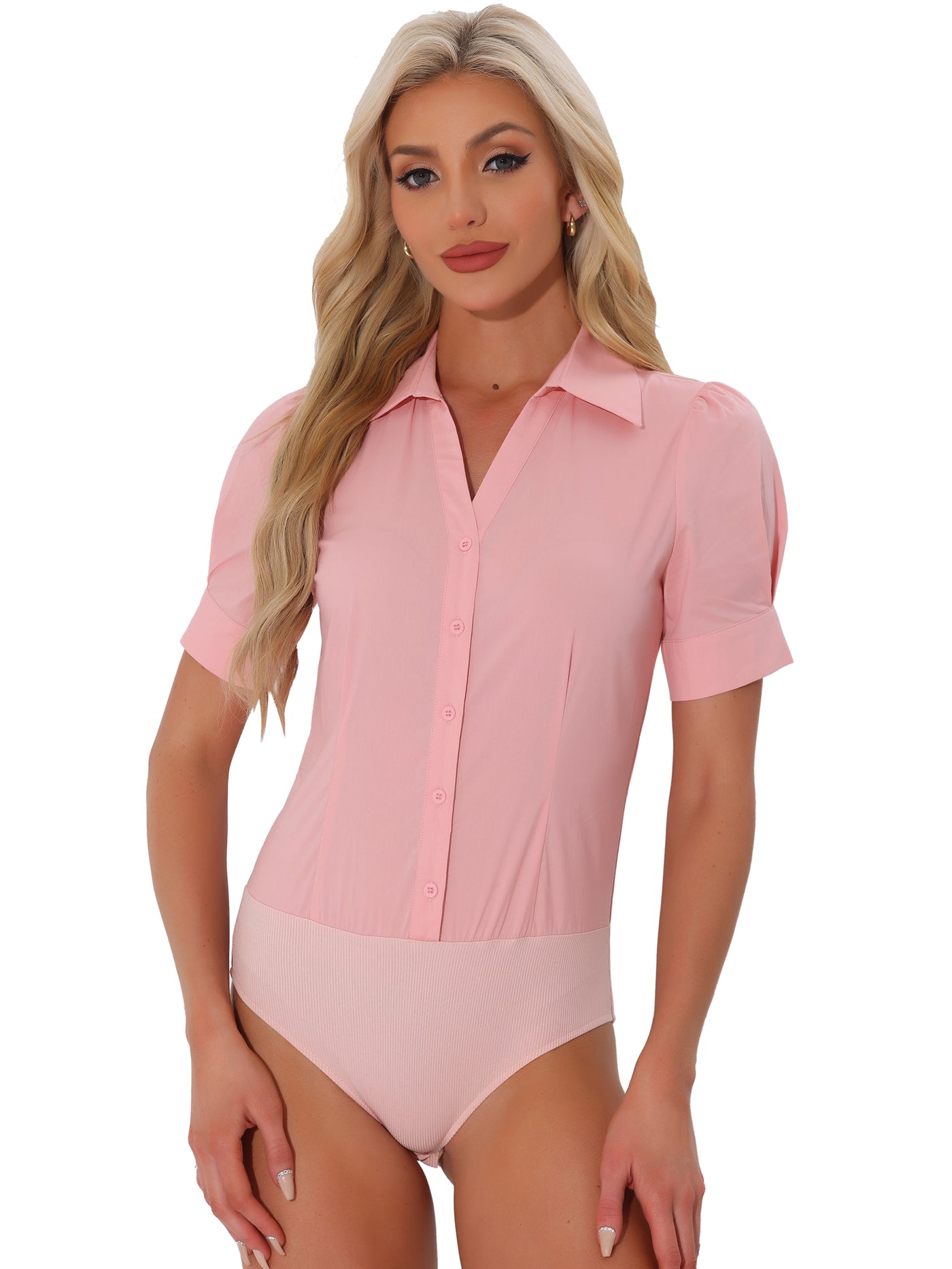 Allegra K Button Down Leotard Shirt Short Sleeve Collared Business Work Bodysuit