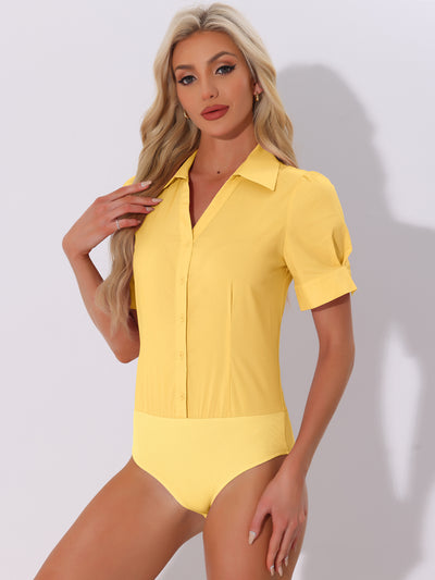 Button Down Leotard Shirt Short Sleeve Collared Business Work Bodysuit