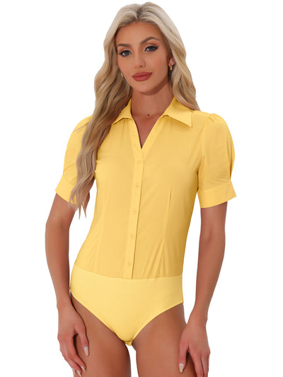 Button Down Leotard Shirt Short Sleeve Collared Business Work Bodysuit