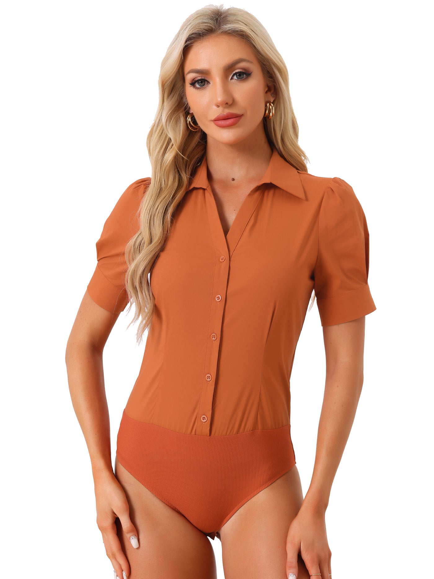 Allegra K Button Down Leotard Shirt Short Sleeve Collared Business Work Bodysuit