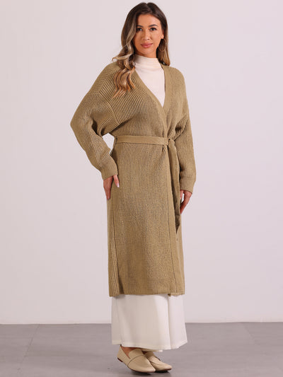 Open Front Long Sleeve Belted Knit Sweater Long Cardigan