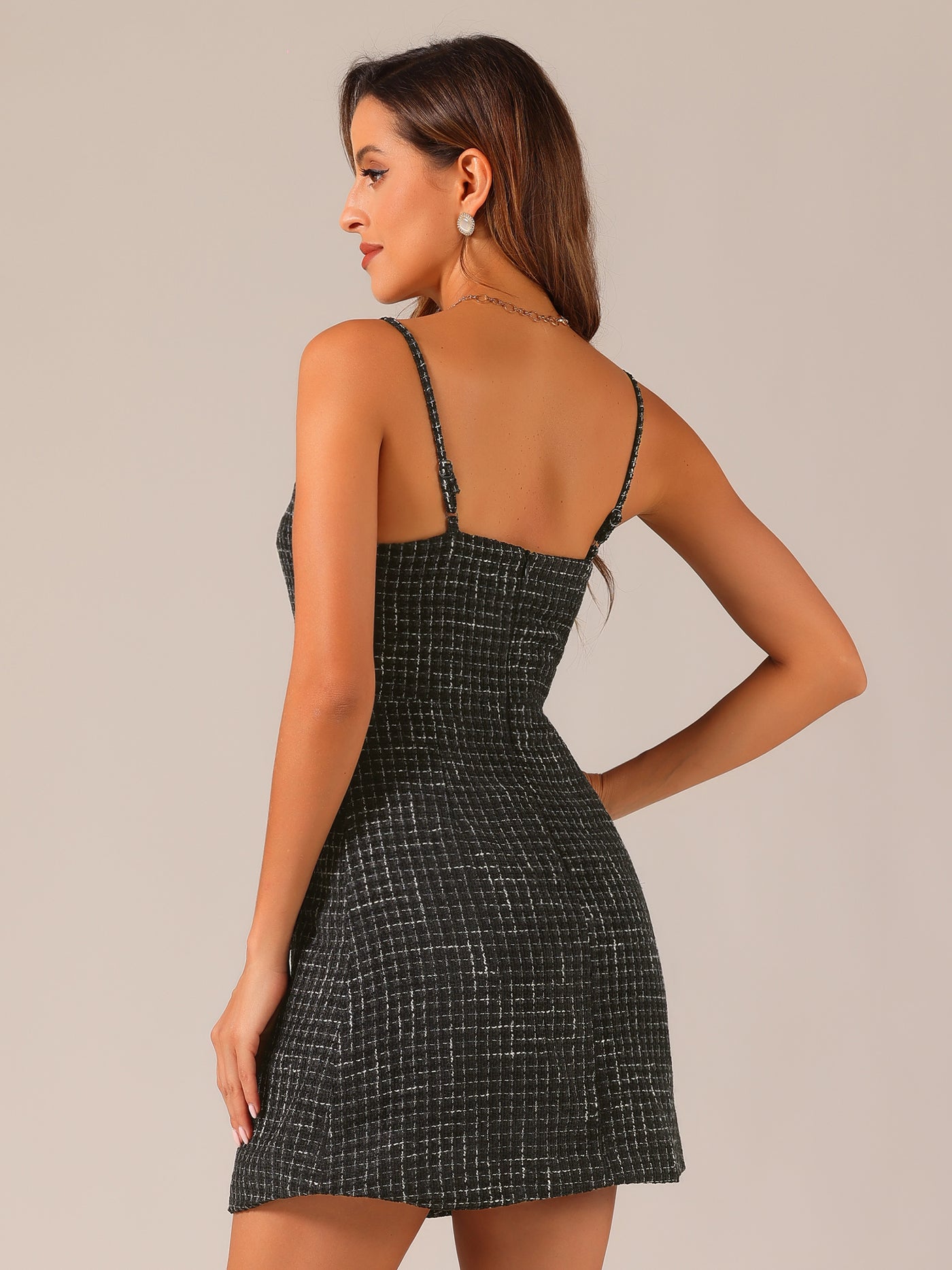 Allegra K Plaid Button Decor Spaghetti Strap Tweed Dress