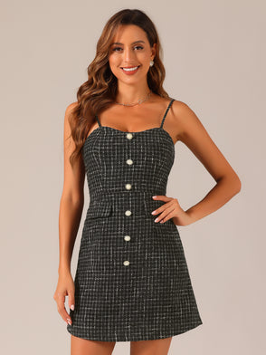 Plaid Button Decor Spaghetti Strap Tweed Dress