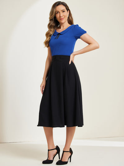 Bow Neck Solid Short Sleeve Peter Pan Collar Blouse