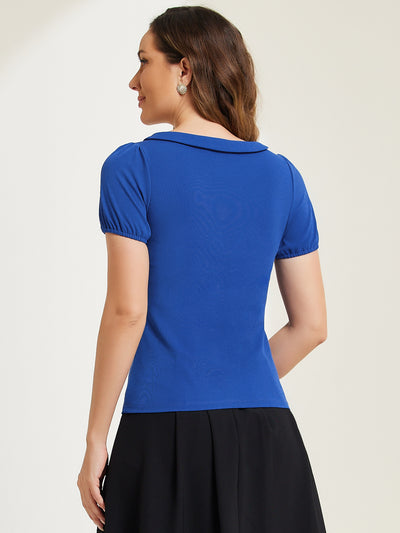 Bow Neck Solid Short Sleeve Peter Pan Collar Blouse