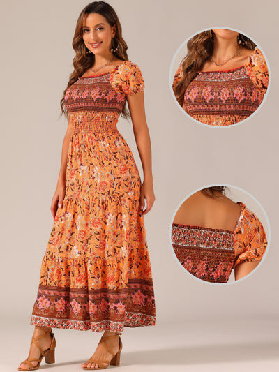 Boho Floral Off Shoulder Puff Sleeves Maxi Smocked Dress