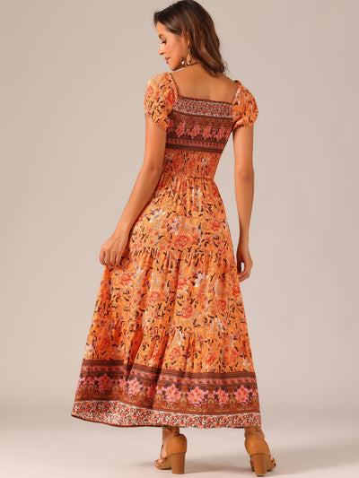 Boho Floral Off Shoulder Puff Sleeves Maxi Smocked Dress