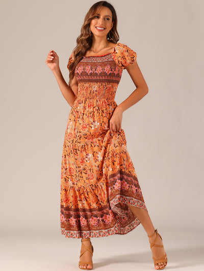 Boho Floral Off Shoulder Puff Sleeves Maxi Smocked Dress