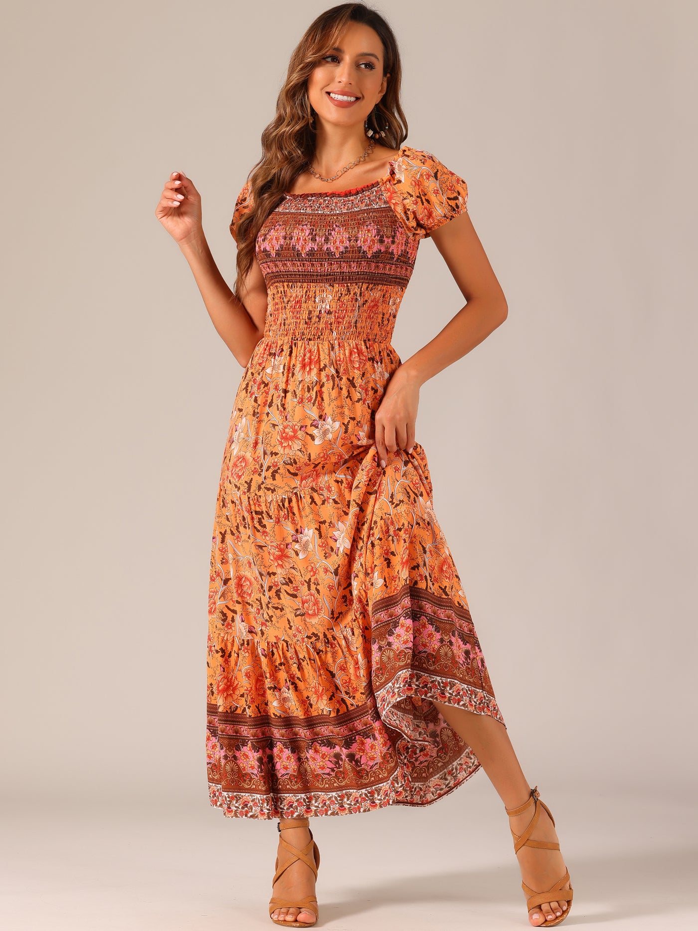 Allegra K Boho Floral Off Shoulder Puff Sleeves Maxi Smocked Dress