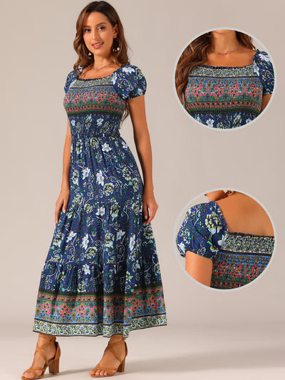 Boho Floral Off Shoulder Puff Sleeves Maxi Smocked Dress