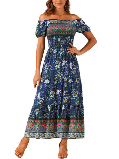 Boho Floral Off Shoulder Puff Sleeves Maxi Smocked Dress