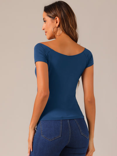 Off Shoulder Short Sleeve Solid Basic Sexy Slim Fit Blouse