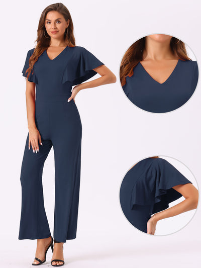 V Neck High Waist Flare Sleeves Casual Dressy Wide Leg Jumpsuits