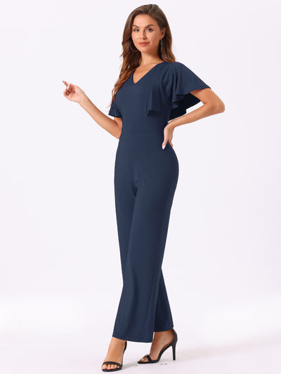 V Neck High Waist Flare Sleeves Casual Dressy Wide Leg Jumpsuits