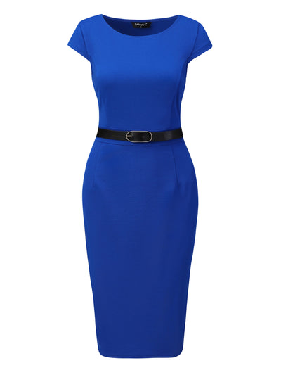 Elegant Dress Cap Sleeve Office Work Belted Sheath Dress