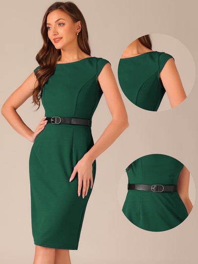 Elegant Dress Cap Sleeve Office Work Belted Sheath Dress