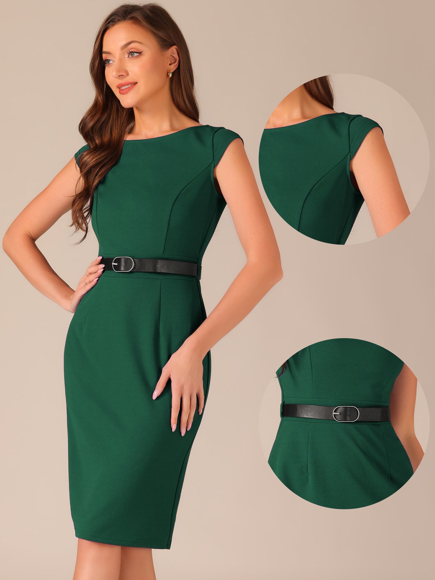 Allegra K Elegant Dress Cap Sleeve Office Work Belted Sheath Dress