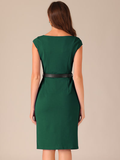 Elegant Dress Cap Sleeve Office Work Belted Sheath Dress