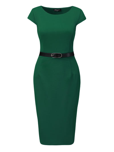 Elegant Dress Cap Sleeve Office Work Belted Sheath Dress