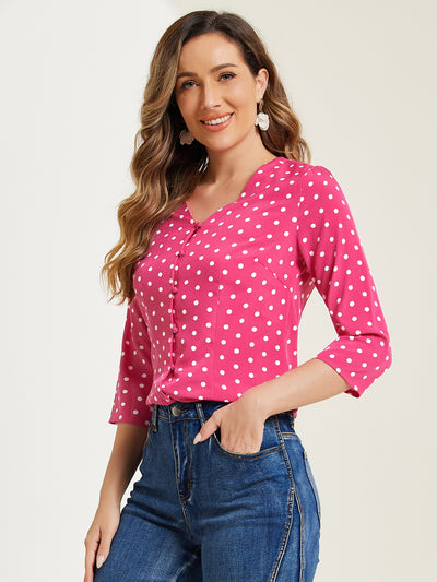 Polka Dots 3/4 Sleeve Button Front Vintage Office Blouse Top