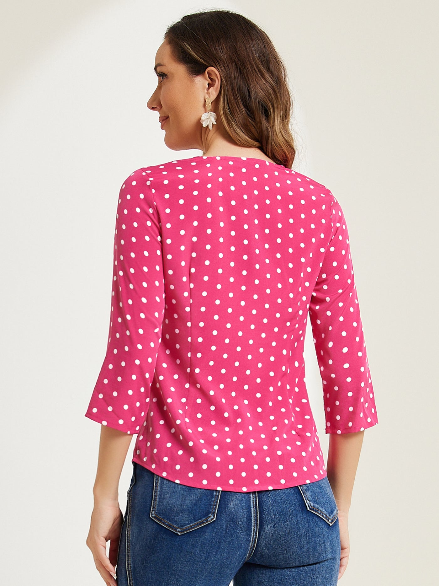 Allegra K Polka Dots 3/4 Sleeve Button Front Vintage Office Blouse Top