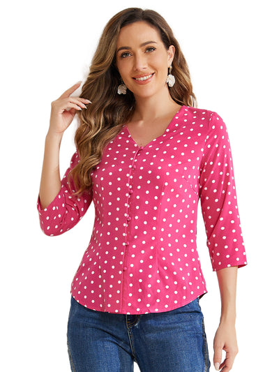 Polka Dots 3/4 Sleeve Button Front Vintage Office Blouse Top