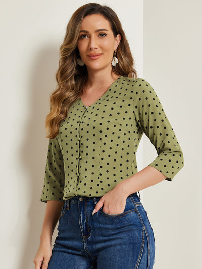 Polka Dots 3/4 Sleeve Button Front Vintage Office Blouse Top