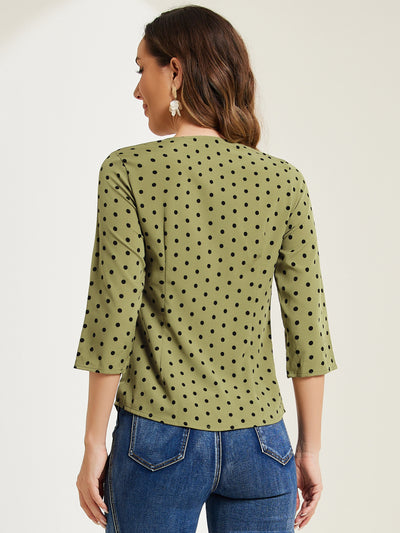 Polka Dots 3/4 Sleeve Button Front Vintage Office Blouse Top