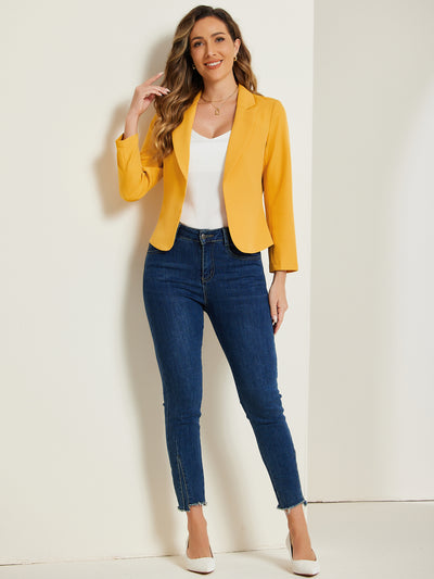 Notched Lapel Long Sleeves Solid Color Open Front Cropped Blazer