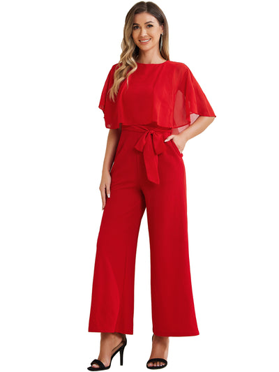 Cape Sleeve Belted Wide Leg Pants Casual Jumpsuit