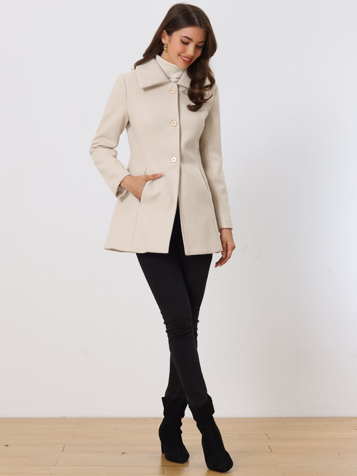 Allegra K Turn Down Collar Overcoat A-Line Single Breasted Winter Coat