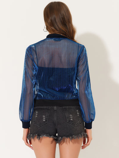 Sheer Mesh Shiny Long Sleeve See Through Zip Up Jacket