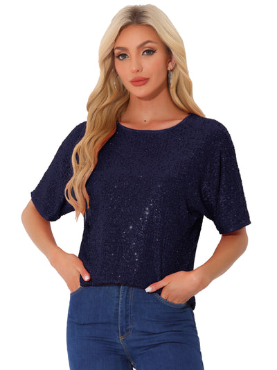 Sequin Top Round Neck Short Sleeve Party Clubwear Blouse