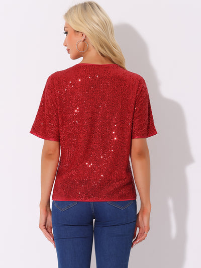 Sequin Top Round Neck Short Sleeve Party Clubwear Blouse