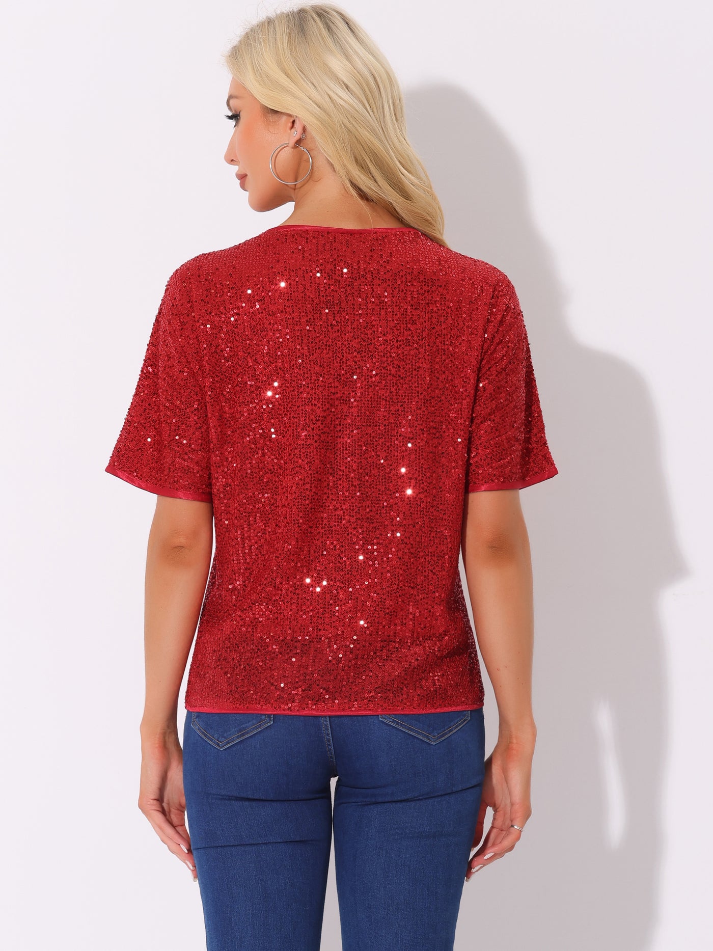 Allegra K Sequin Top Round Neck Short Sleeve Party Clubwear Blouse